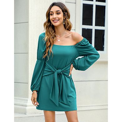 Women's Square Neck Long Sleeve Tie Waist Dress