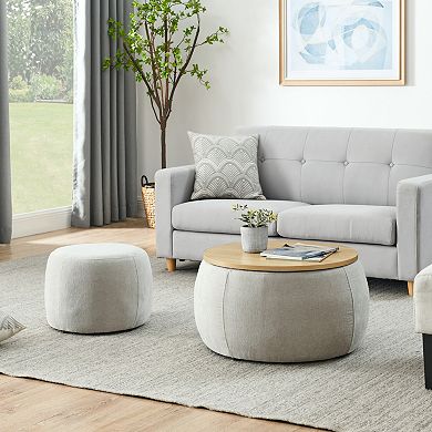 25" Round Woven Storage Ottoman & End Table, 2-Piece Ottoman & Footstool Set