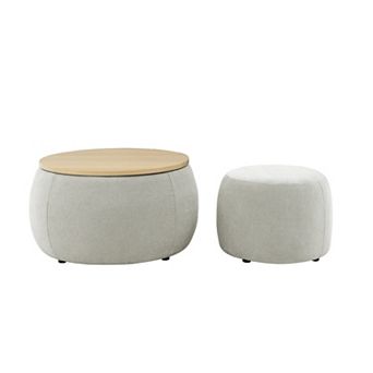 25" Round Woven Storage Ottoman & End Table, 2 pc Ottoman & Footstool Set