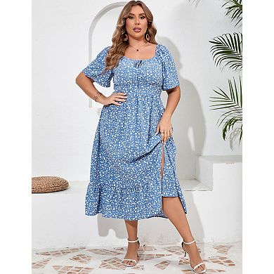 Womens Plus Size Floral Print Ruffle Short Sleeve Tie Front Slit Hem Dress