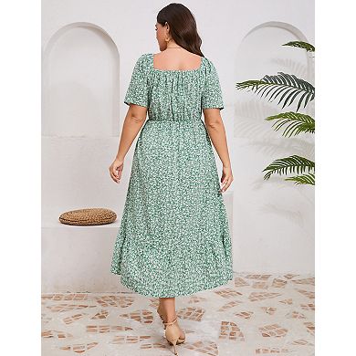 Womens Plus Size Floral Print Ruffle Short Sleeve Tie Front Slit Hem Dress