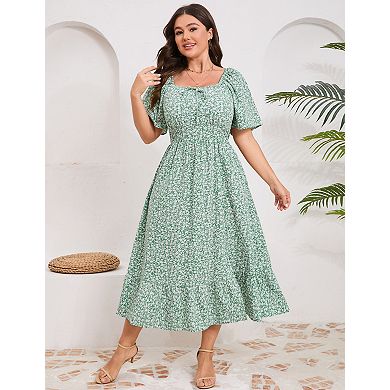 Womens Plus Size Floral Print Ruffle Short Sleeve Tie Front Slit Hem Dress
