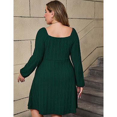 Womens Plus Size Dresses Long Sleeve Tie Front Smocked A Line Dress