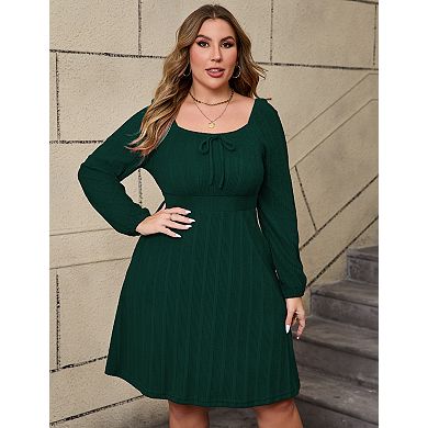 Womens Plus Size Dresses Long Sleeve Tie Front Smocked A Line Dress