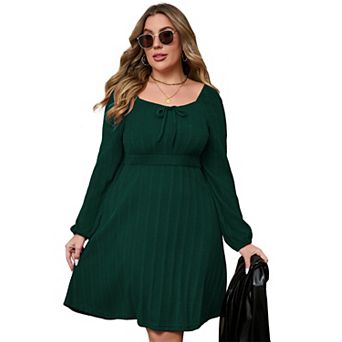 Womens Plus Size Dresses Long Sleeve Tie Front Smocked A Line Dress