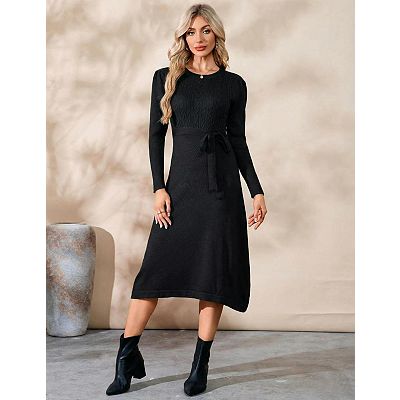 Women's Long Sleeves Knit Dress with Tie Waist Elegant Belted Sweater Dress