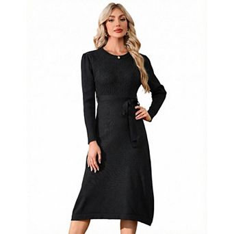 Women's Long Sleeves Knit Dress with Tie Waist Elegant Belted Sweater Dress