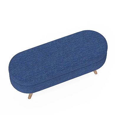 Modern Oval Upholstered Storage Ottoman Bench with Wood Legs, Storage Footstool for Living Room