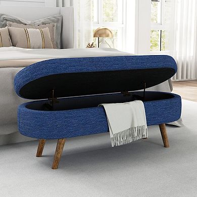 Modern Oval Upholstered Storage Ottoman Bench with Wood Legs, Storage Footstool for Living Room