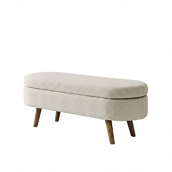 Modern Oval Upholstered Storage Ottoman Bench with Wood Legs, Storage Footstool for Living Room