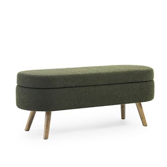 Modern Oval Upholstered Storage Ottoman Bench with Wood Legs, Storage Footstool for Living Room