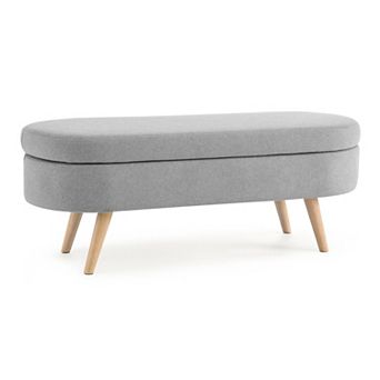 Modern Oval Upholstered Storage Ottoman Bench with Wood Legs, Storage Footstool for Living Room