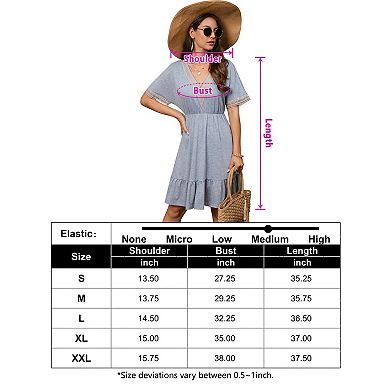 Women's V Neck Lace Trim Short Sleeve Dress