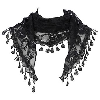 Lace Rose Floral Mantilla Scarves for Women Tassel Mesh Triangle Shawl