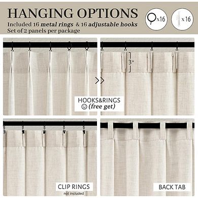 Great Ambitions 96" Pinch Pleated Linen Curtains - Light Filtering Boho Drapes with Hooks & Rings