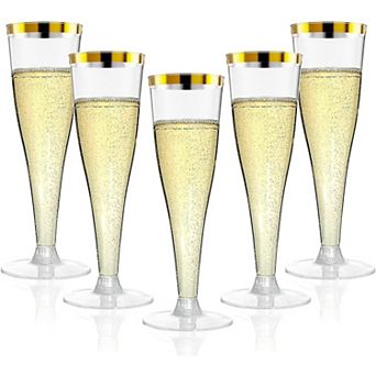 20 Pack Champagne Flutes Plastic Wine Glasses Disposable, 4.5 Oz Gold Rim Mimosa Glasses