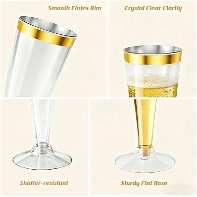 20 Pack Champagne Flutes Plastic Wine Glasses Disposable, 4.5 Oz Gold Rim Mimosa Glasses