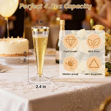20 Pack Champagne Flutes Plastic Wine Glasses Disposable, 4.5 Oz Gold Rim Mimosa Glasses