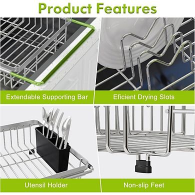 Great Ambitions Expandable Stainless Steel Sink Dish Rack with Utensil Holder Silver