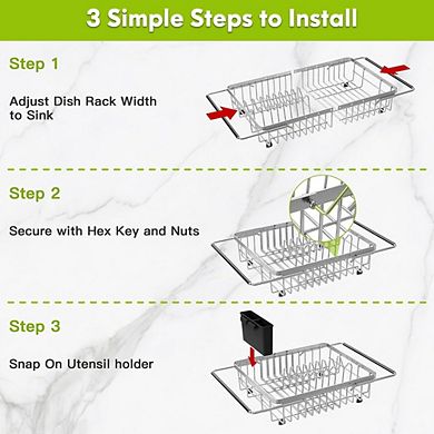 Great Ambitions Expandable Stainless Steel Sink Dish Rack with Utensil Holder Silver