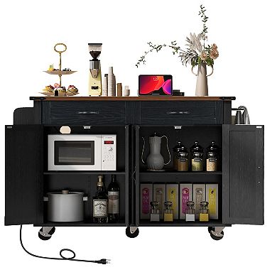 Whisen Farmhouse Kitchen Island with Power Outlet, Drop Leaf and Wheels