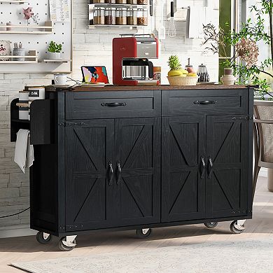 Whisen Farmhouse Kitchen Island with Power Outlet, Drop Leaf and Wheels