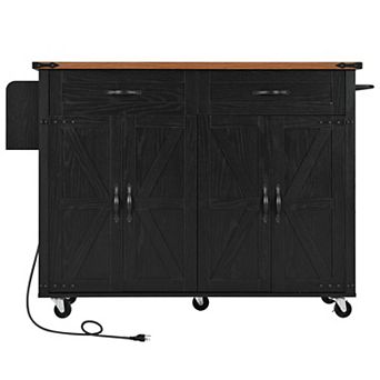 Whisen Farmhouse Kitchen Island with Power Outlet, Drop Leaf and Wheels