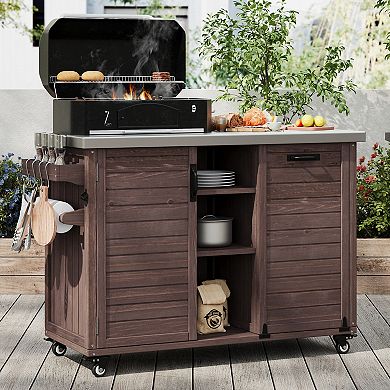 Whisen Outdoor Kitchen Island with Foldable Table, Trash Can Storage, Stainless Steel Top and Wheels