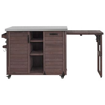 Whisen Outdoor Kitchen Island with Foldable Table, Trash Can Storage, Stainless Steel Top and Wheels