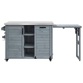 Whisen Outdoor Kitchen Island with Foldable Table, Trash Can Storage, Stainless Steel Top and Wheels