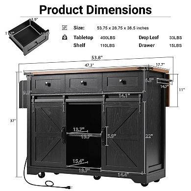 Whisen Farmhouse Kitchen Island with Power Outlet, Drop Leaf and Wheels