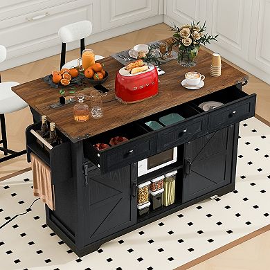 Whisen Farmhouse Kitchen Island with Power Outlet, Drop Leaf and Wheels