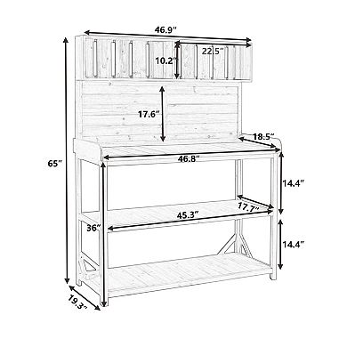 Whisen Garden Potting Bench Table, Patio Workstation with Storage Shelves and Side Hook