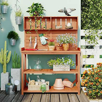 Whisen Garden Potting Bench Table, Patio Workstation with Storage Shelves and Side Hook