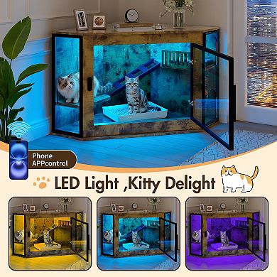 Whisen 48" Corner Cat Litter Box Enclosure with Playground, Stairs and LED Light