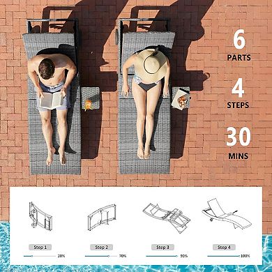 Whisen Patio Wicker Chaise Set with Rolling Wheels, Pull-out Side Table, Adjustable Backrest