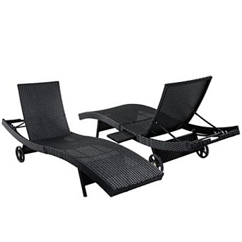 Whisen Patio Wicker Chaise Set with Rolling Wheels, Pull-out Side Table, Adjustable Backrest
