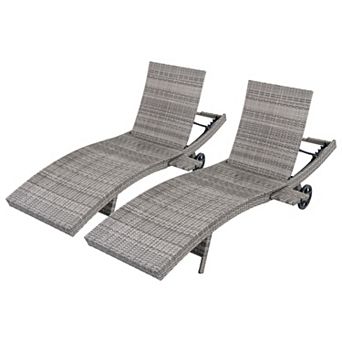 Whisen Patio Wicker Chaise Set with Rolling Wheels, Pull-out Side Table, Adjustable Backrest