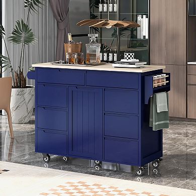 Whisen Kitchen Island with Rubber Wood Countertop and 5 Wheels