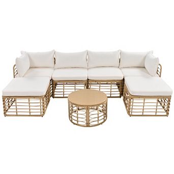 Whisen 7 pc Outdoor Patio Rattan Sectional Sofa Set with Thick Cushions and Pillows