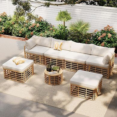 Whisen 7-piece Outdoor Patio Rattan Sectional Sofa Set with Thick Cushions and Pillows
