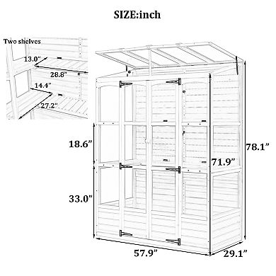 Whisen Walk-in Wooden Greenhouse with 4 Independent Skylights and 2 Folding Middle Shelves