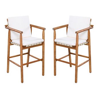 Whisen 2 pc Outdoor Counter Height Bar Chair Set with Backrest Arm, Cushion and Webbing Seat