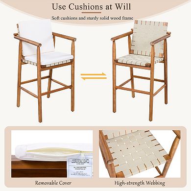 Whisen 2-piece Outdoor Counter Height Bar Chair Set with Backrest Arm, Cushion and Webbing Seat