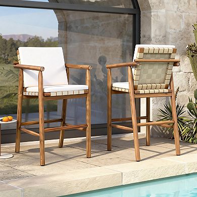 Whisen 2-piece Outdoor Counter Height Bar Chair Set with Backrest Arm, Cushion and Webbing Seat