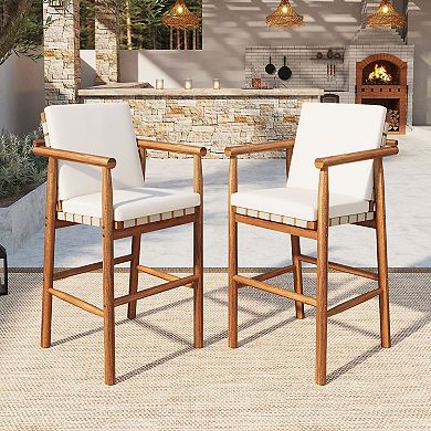 Whisen 2-piece Outdoor Counter Height Bar Chair Set with Backrest Arm, Cushion and Webbing Seat