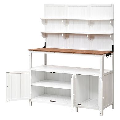Whisen Potting Bench with Hutch, Garden Workstation with Shelves, Cabinets & Side Hooks