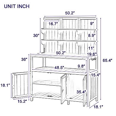 Whisen Potting Bench with Hutch, Garden Workstation with Shelves, Cabinets & Side Hooks