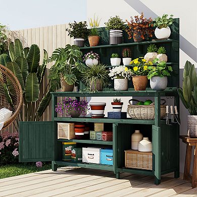 Whisen Potting Bench with Hutch, Garden Workstation with Shelves, Cabinets & Side Hooks