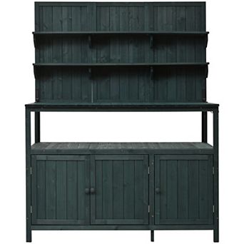 Whisen Potting Bench with Hutch, Garden Workstation with Shelves, Cabinets & Side Hooks